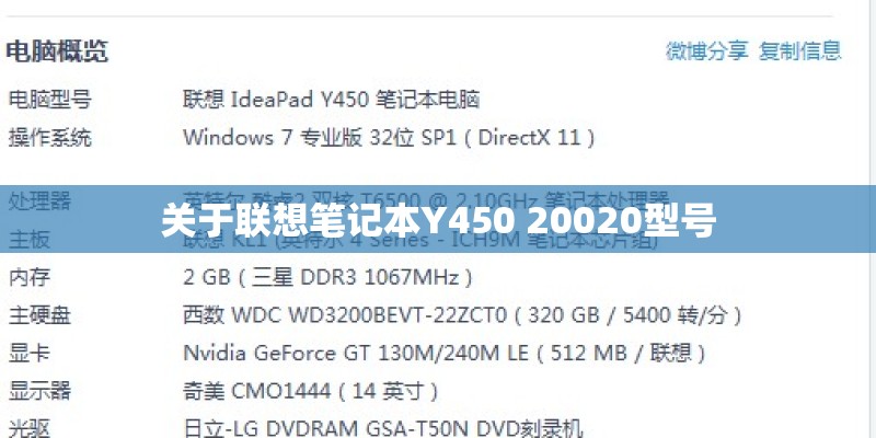 关于联想笔记本Y450 20020型号